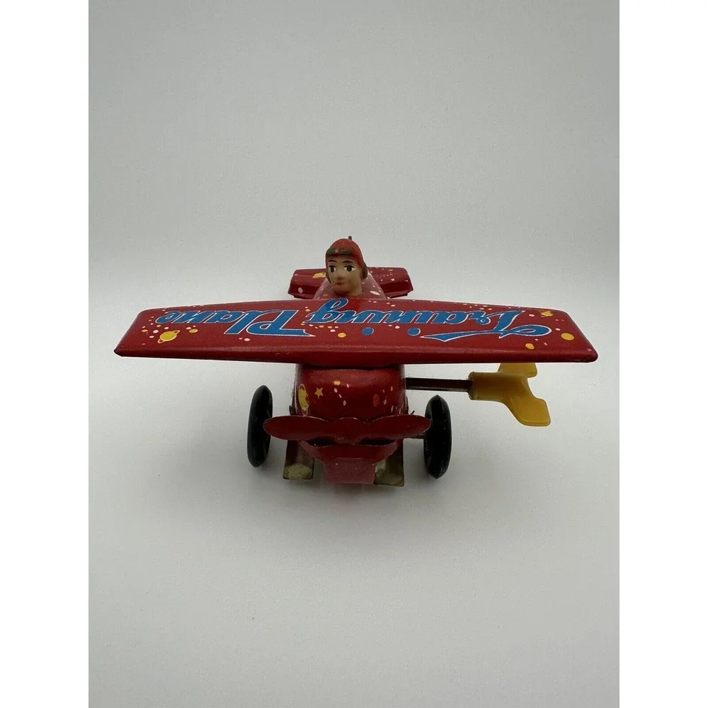 Vintage Training Plane Wind Up Tin Toy Red